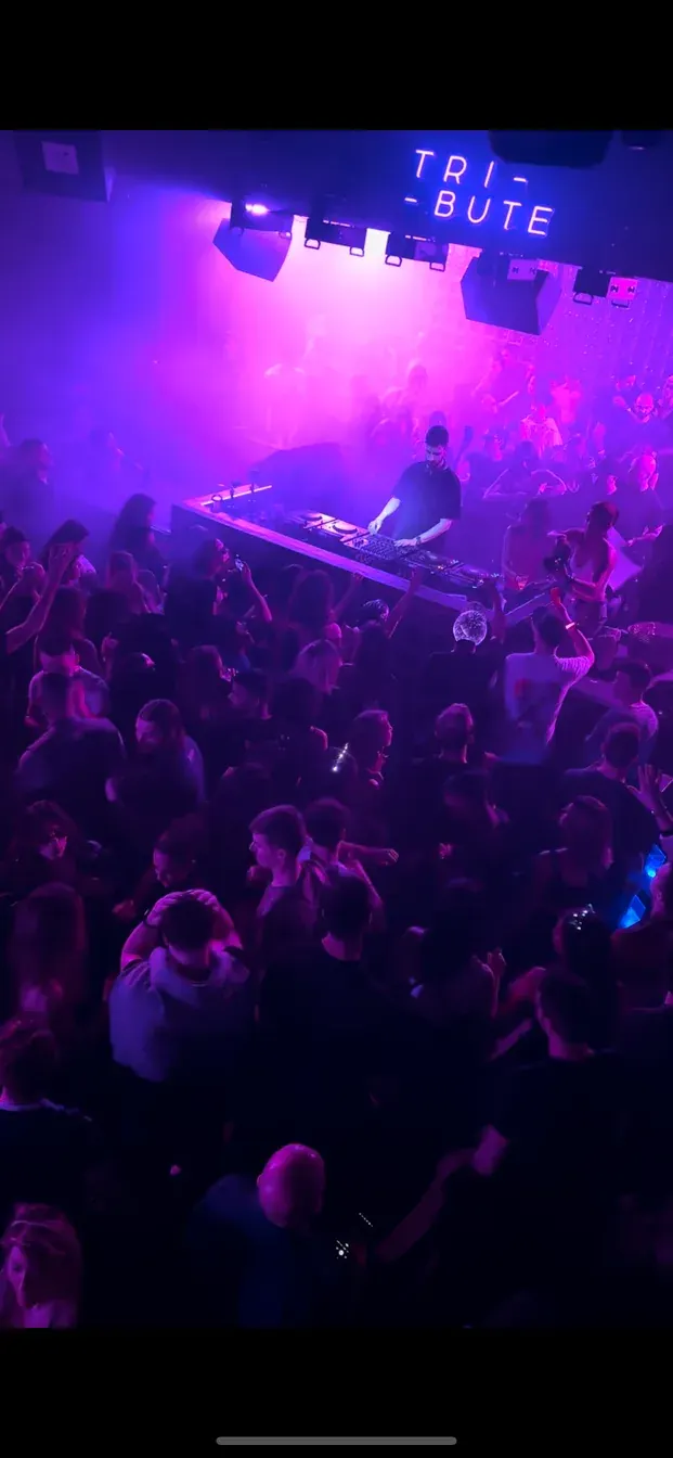 Pink-lit crowd beneath the Tribute sign